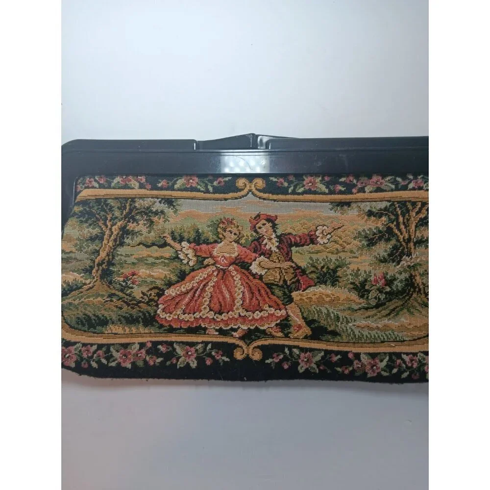 Vtg Handbag Needlepoint Tapestry Courting Couple Gold Black Damascene Clutch